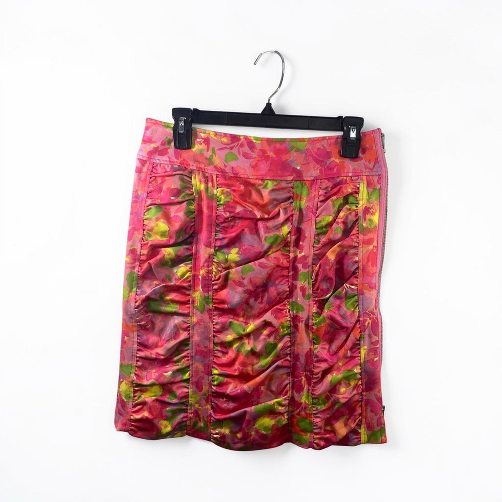 Peace of Cloth Pink Floral Ruched Mini Skirt Size Small Side Zip Botanical Print